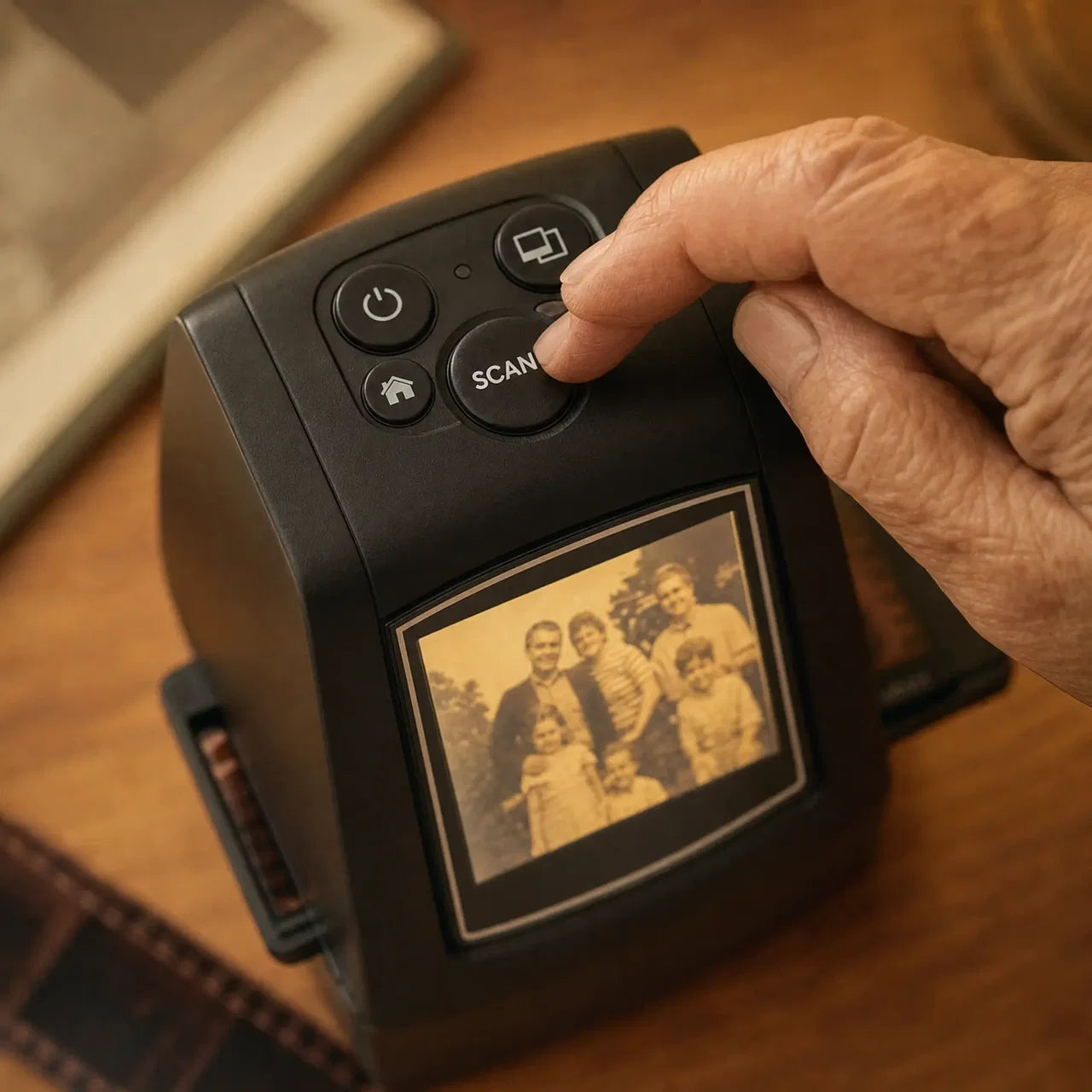 A hand presses the Reviver’s scan button, revealing a family photograph on its screen