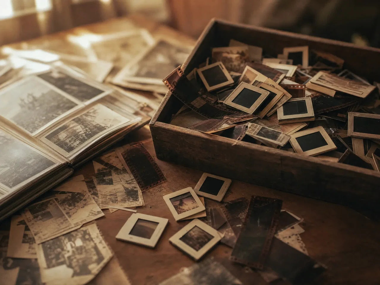 A box of old slides and family photographs